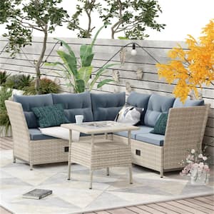 Beige Brown Rattan Patio 4-Piece All Weather Wicker Outdoor Sectional Set with Gray Cushions, Adjustable Backs