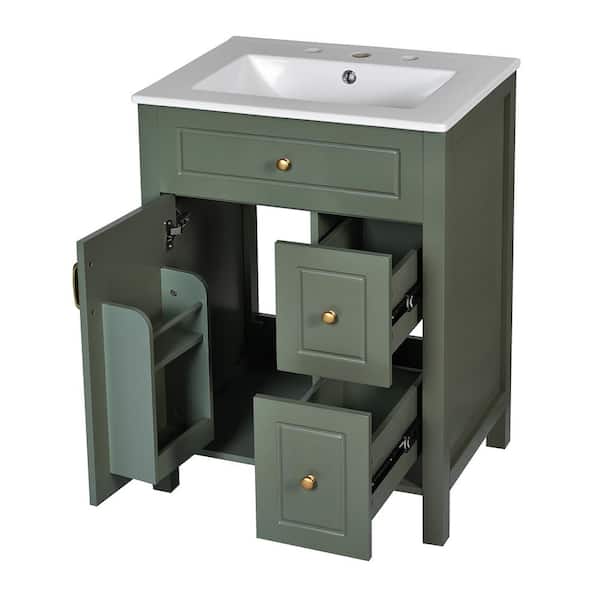 24 in. Single Sink Freestanding Green Bath Vanity with White Ceramic Top Unassembled