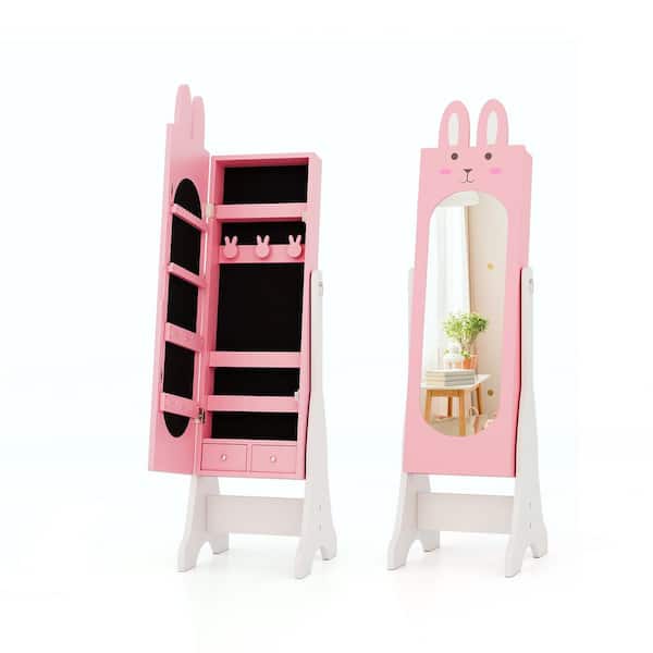 Pink Wood Kids Jewelry Cabinet Standing Children Jewelry Organizer with Full-Length Mirror