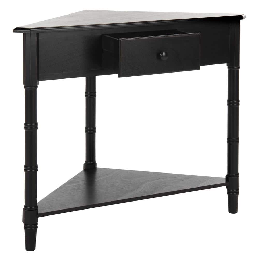 Bamboo-Inspired Triangular Pine Wood Corner Console with Drawer - Black