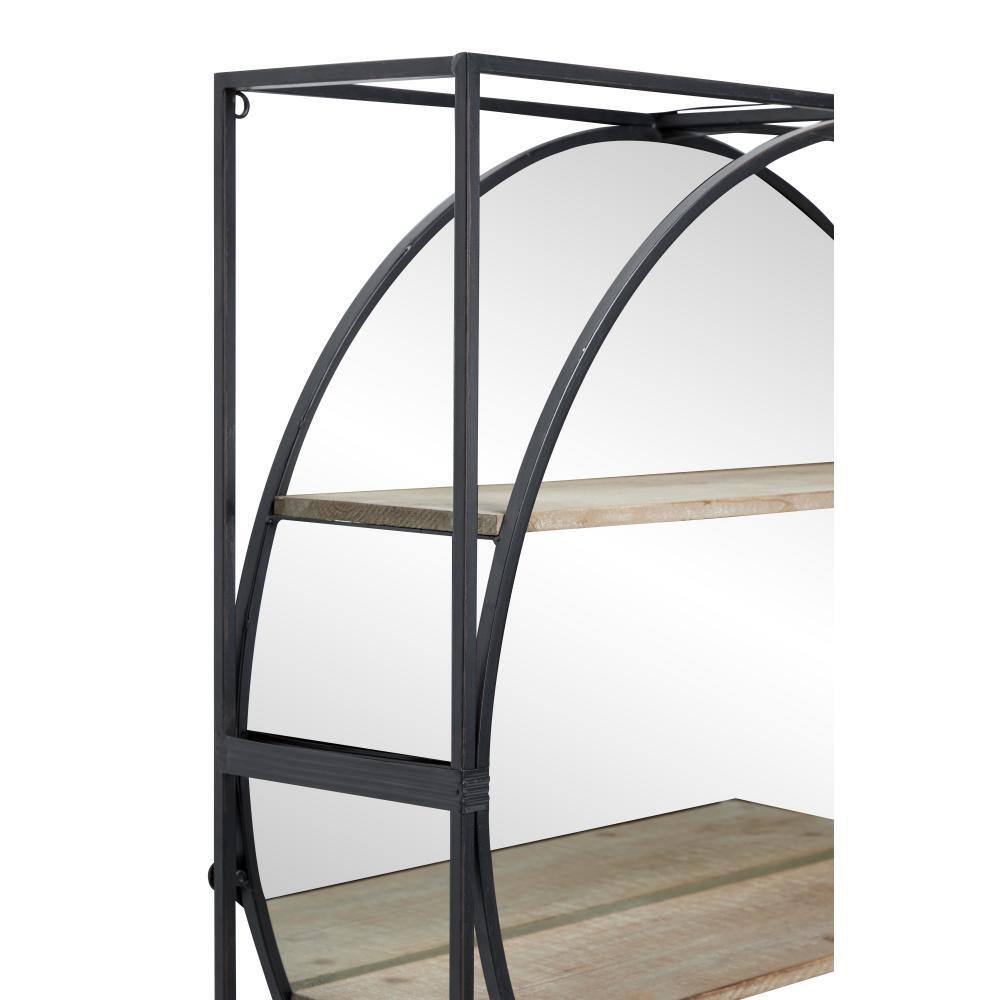 31" Black Industrial Metal & Wood Round Wall Mirror with Shelves