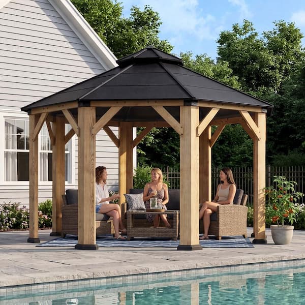 13 ft. x 13 ft. Cedar Wood Hardtop Outdoor Patio Gazebo with Galvanized Steel Roof and Ceiling Hook