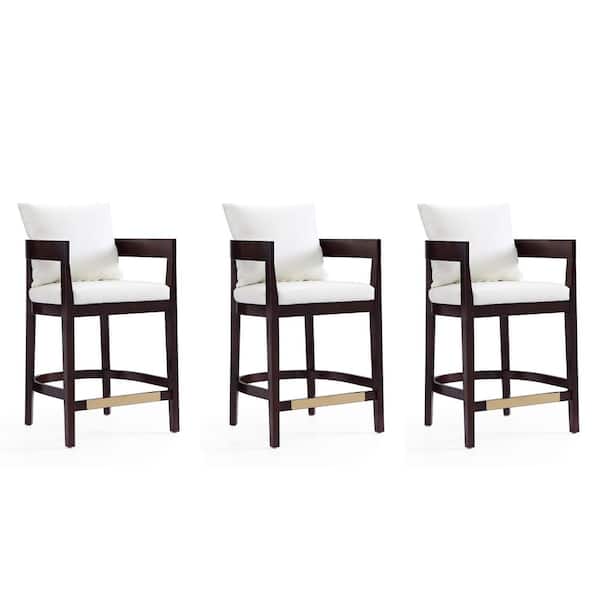 Ritz 26.5 in. Ivory and Dark Walnut Beech Wood Counter Stool with Faux Leather Upholstered Seat (Set of 3)