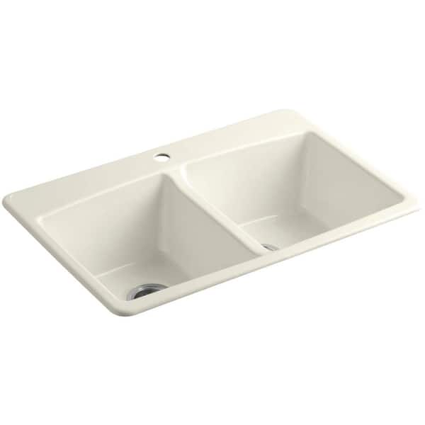 KOHLER Brookfield Drop-In Cast-Iron 33 in. 1-Hole Double Bowl Kitchen Sink in Biscuit
