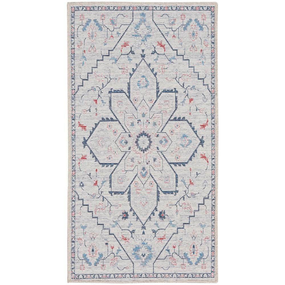 Blue and Ivory Floral Cotton Synthetic Rectangular Area Rug