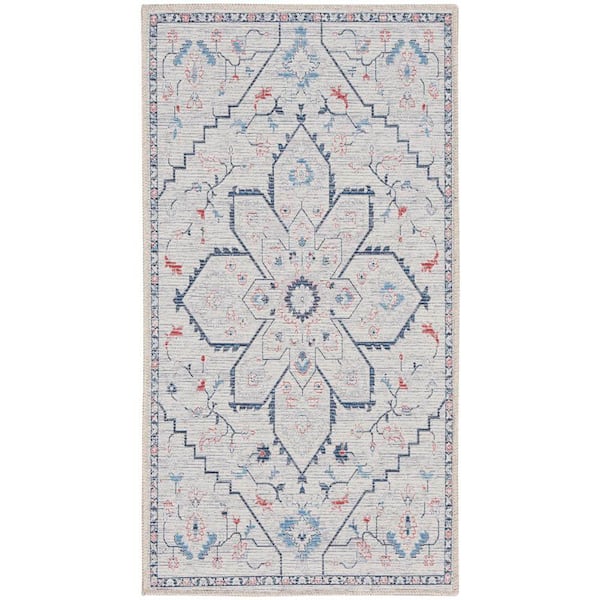 57 Grand Machine Washable doormat Ivory Blue 2 ft. x 4 ft. Center Medallion Contemporary Kitchen Area Rug