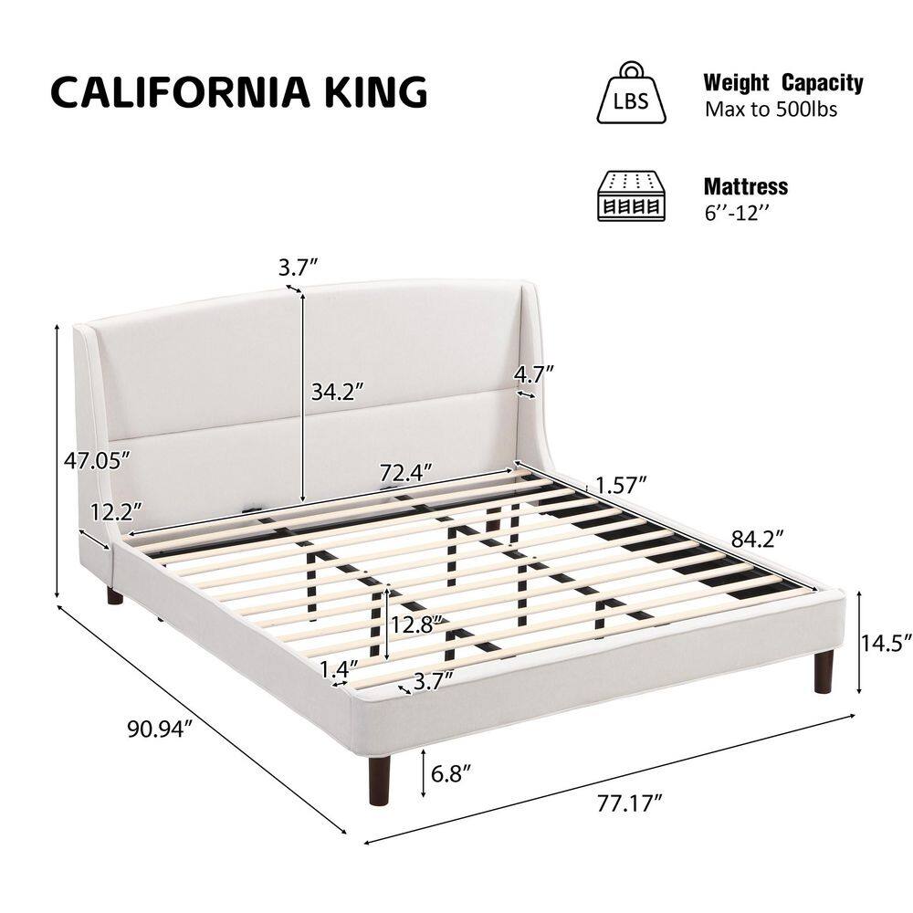 Core Beige Upholstered Wood Frame California King Size Platform Bed with Wingback Headboard - thumbnail 5