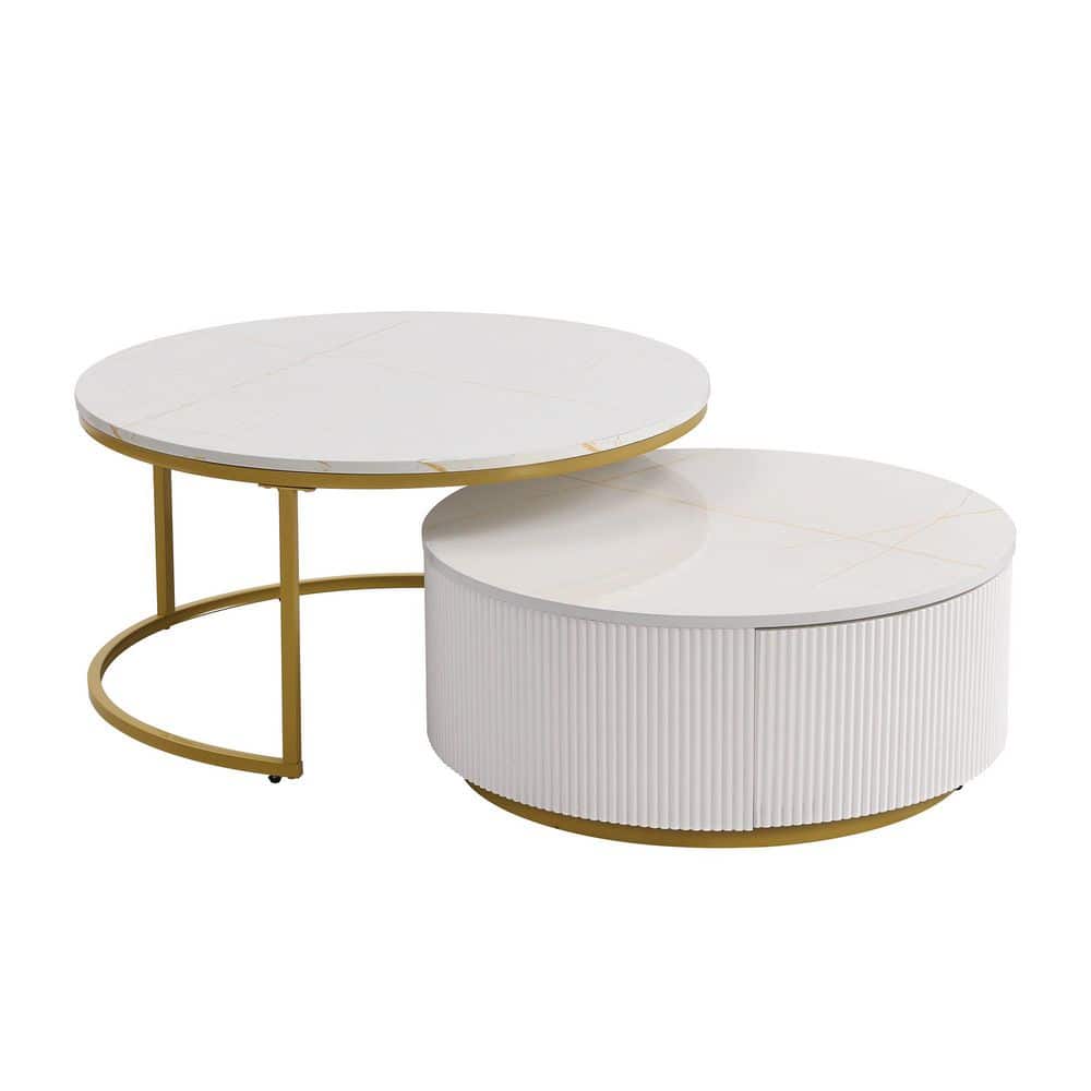White Modern Wood Round Nesting Coffee Table Fluted with Drawer price history on PriceWatchPro