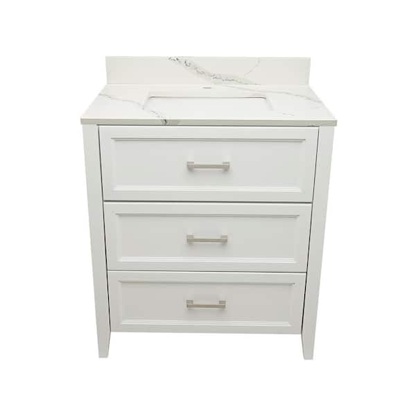 Ella Zermatt 31 in. W x 22 in. D x 36 in. H Single Sink Bath Vanity in White with Calacatta White Quartz Top single hole