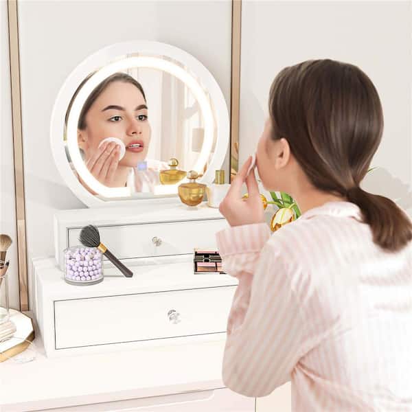 Round Vanity Mirror with 2 Slide-out Drawers 3 Lighting Modes and Adjustable Brightness
