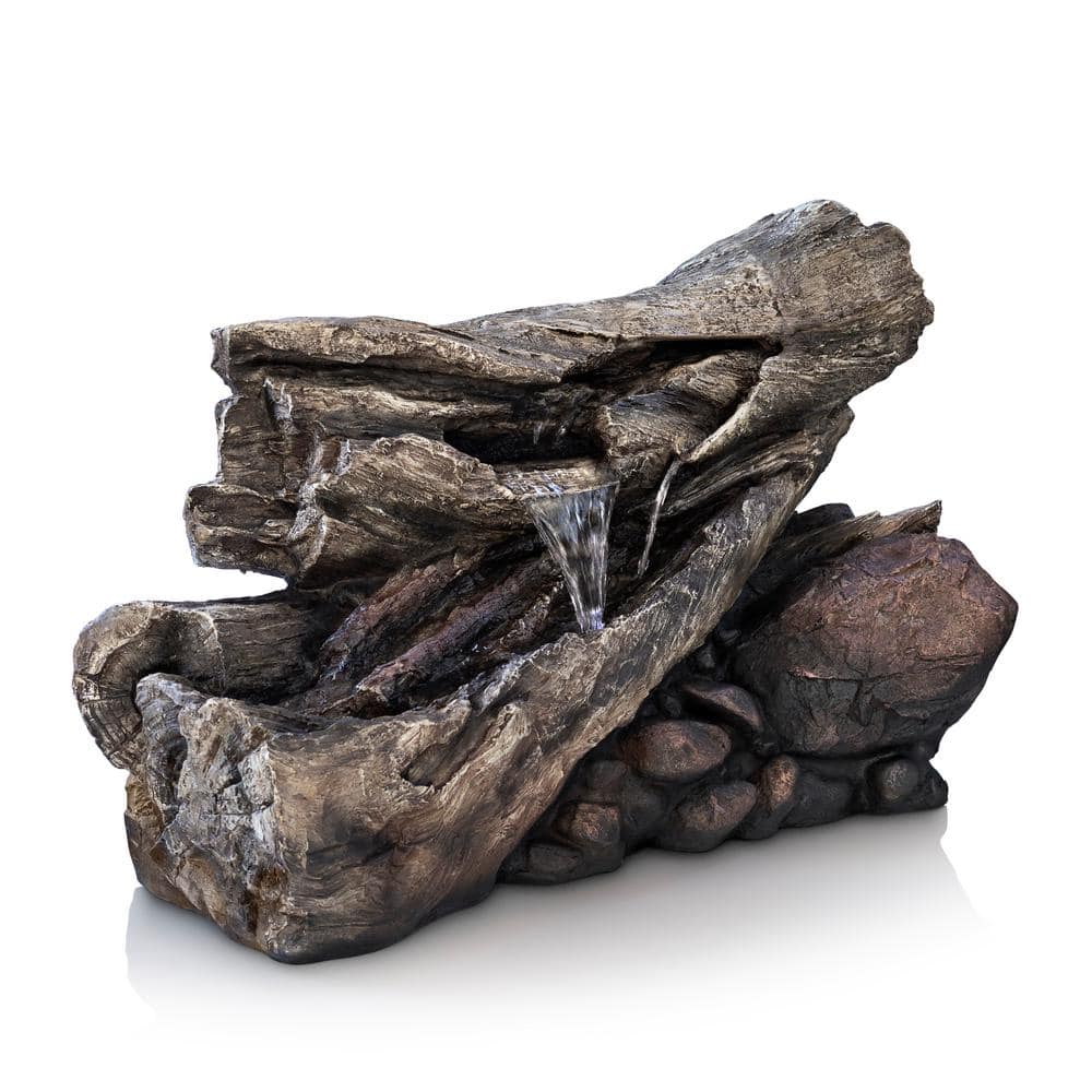 24 in. Tall Outdoor 2-Tier Fallen Tree Trunk Water Fountain with LED Lights