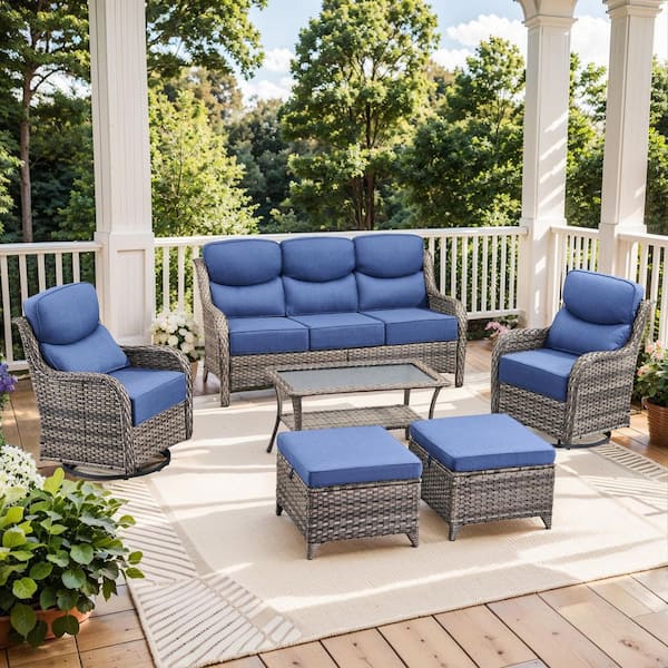 NovaSwivel Gray 6-Piece Patio Conversation Set Outdoor Sectional Sofa With 6 in. Thick Blue Cushions and Swivel Glider