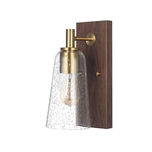Globe 5 in. 1-Light Dark Wood Toned with Matte Brass Accents Wall Sconce with Seeded Glass Shade