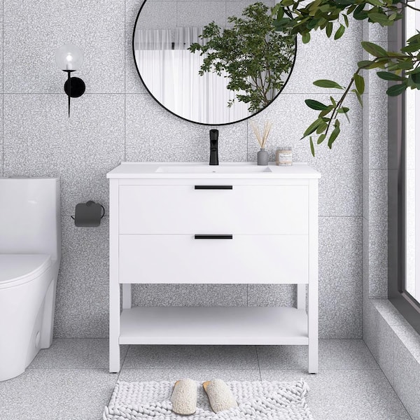 Unbranded 36 in. W x 18 in. D x 33 in. H Freestanding Single Sink Bath Vanity in White with White Resin Top