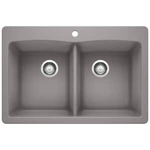 DIAMOND Dual-Mount Granite Composite 33 in. 1-Hole 50/50 Double Bowl Kitchen Sink in Metallic Gray