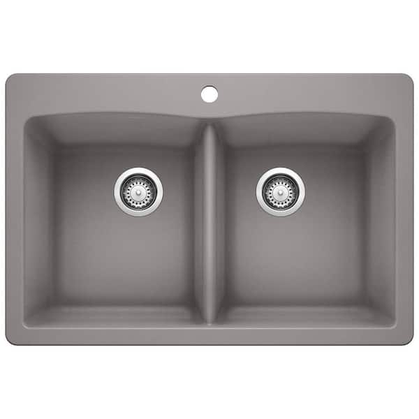 Blanco DIAMOND Dual-Mount Granite Composite 33 in. 1-Hole 50/50 Double Bowl Kitchen Sink in Metallic Gray