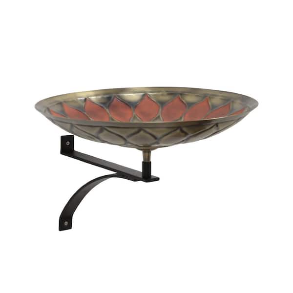Achla Designs 16 in. Dia. Round Antique Red Brass African Sunflower Birdbath w/Black Wrought Iron Wall Mount Bracket