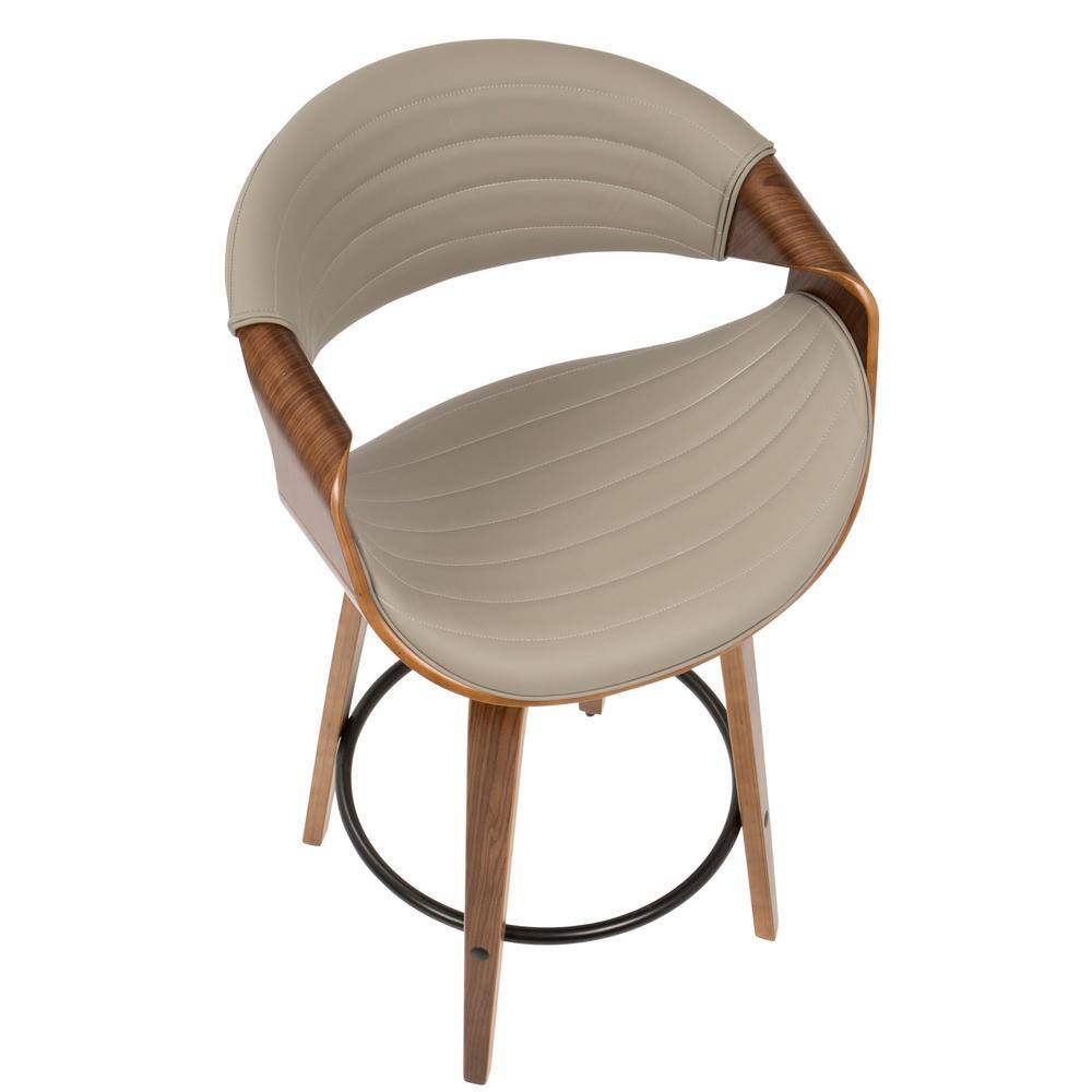 Set of 2 Gray Faux Leather Swivel Counter Stools with Walnut Wood