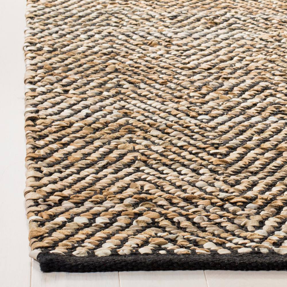 Vintage Beige and Brown Leather Chevron 8' x 10' Area Rug