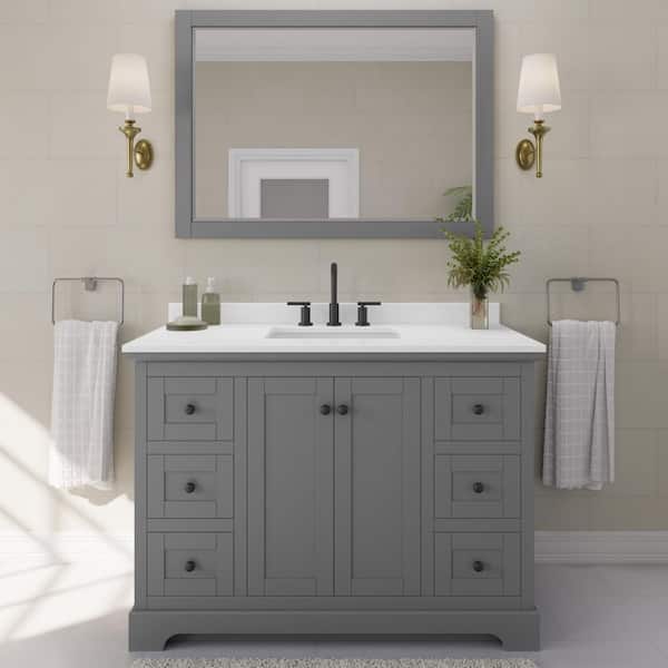 Wyndham Collection Avery 48 in. W x 22 in. D x 35 in. H Single Bath Vanity in Dark Gray with White Quartz Top
