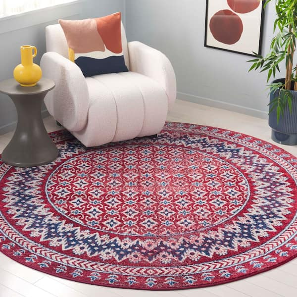 Brentwood 7 ft. x 7 ft. Round Red/Ivory Multi-Border Geometric Area Rug
