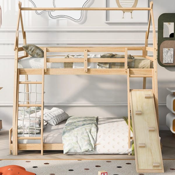 Natural Twin over Queen House Bunk Bed with Climbing Nets and Ramp
