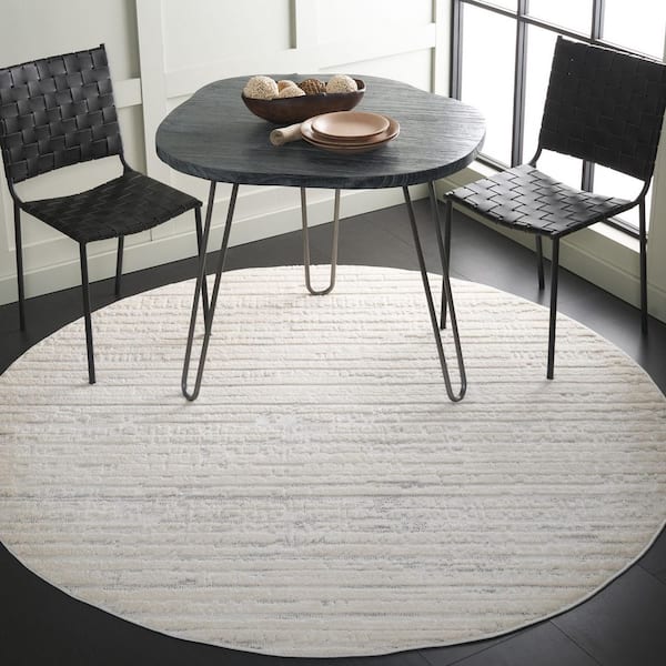 Elmhurst 7 ft. x 7 ft. Ivory/Gray High-Low Distressed Striped Round Area Rug