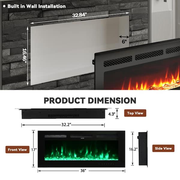 36 in. 400 sq. ft. Wall-Mount/Recessed LED Electric Fireplace Insert with Remote Control, Adjustable Heating