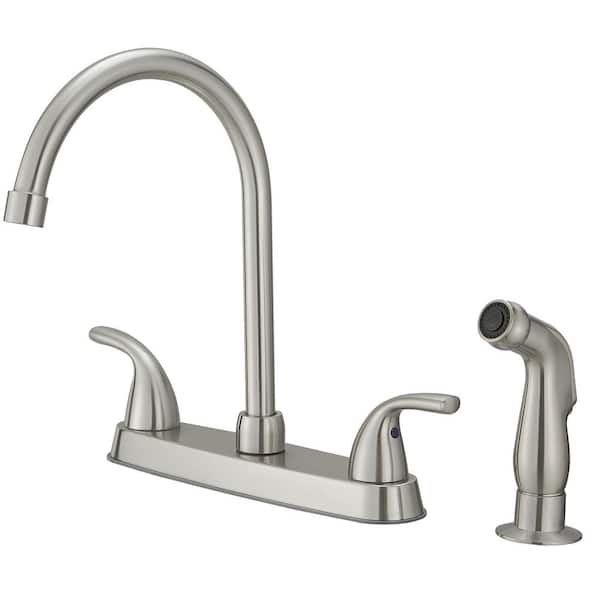Double Handle Deck Mount High Arc with Side Sprayer Standard Kitchen Faucet in Brushed Nickel