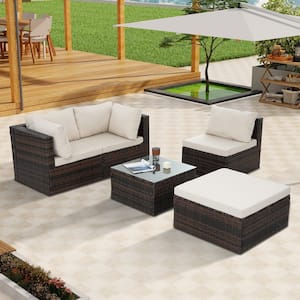 5-Piece PE Rattan Wicker Patio Conversation Set with Beige Cushions