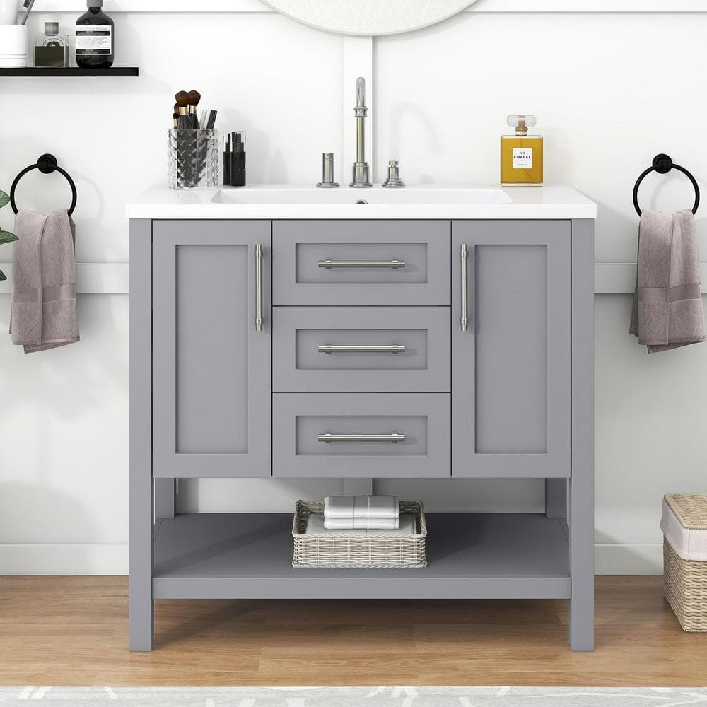 36 in. W x 18 in. D x 34 in. H Single Sink Freestanding Bath Vanity in Grey