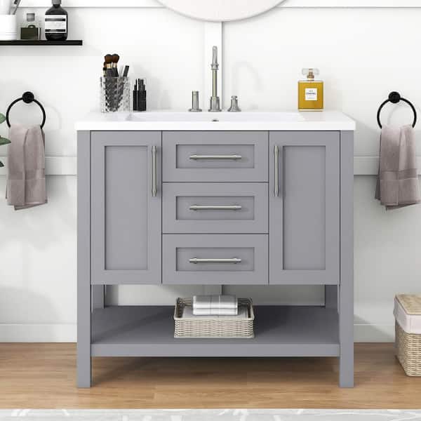 EPOWP 36 in. W x 18 in. D x 34 in. H Single Sink Freestanding Bath Vanity in Grey with White Ceramic Top and Storage Cabinet