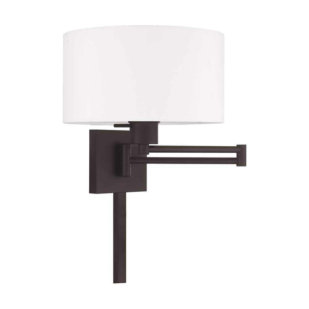 Transitional Bronze Swing Arm Wall Lamp with Off-White Fabric Shade