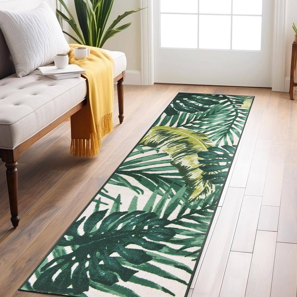 Green and Yellow Tropical Floral Non-Slip Synthetic Runner Rug