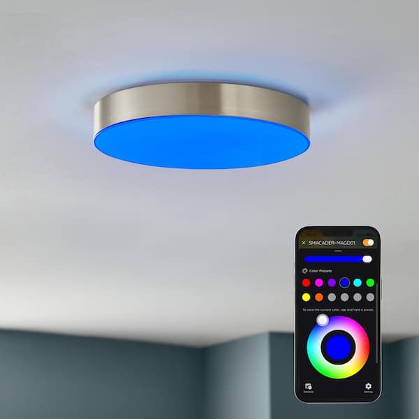 Lakeshore 13 in. Brushed Nickel Color Changing and Adjustable CCT Integrated LED Smart Flush Mount Powered by Hubspace