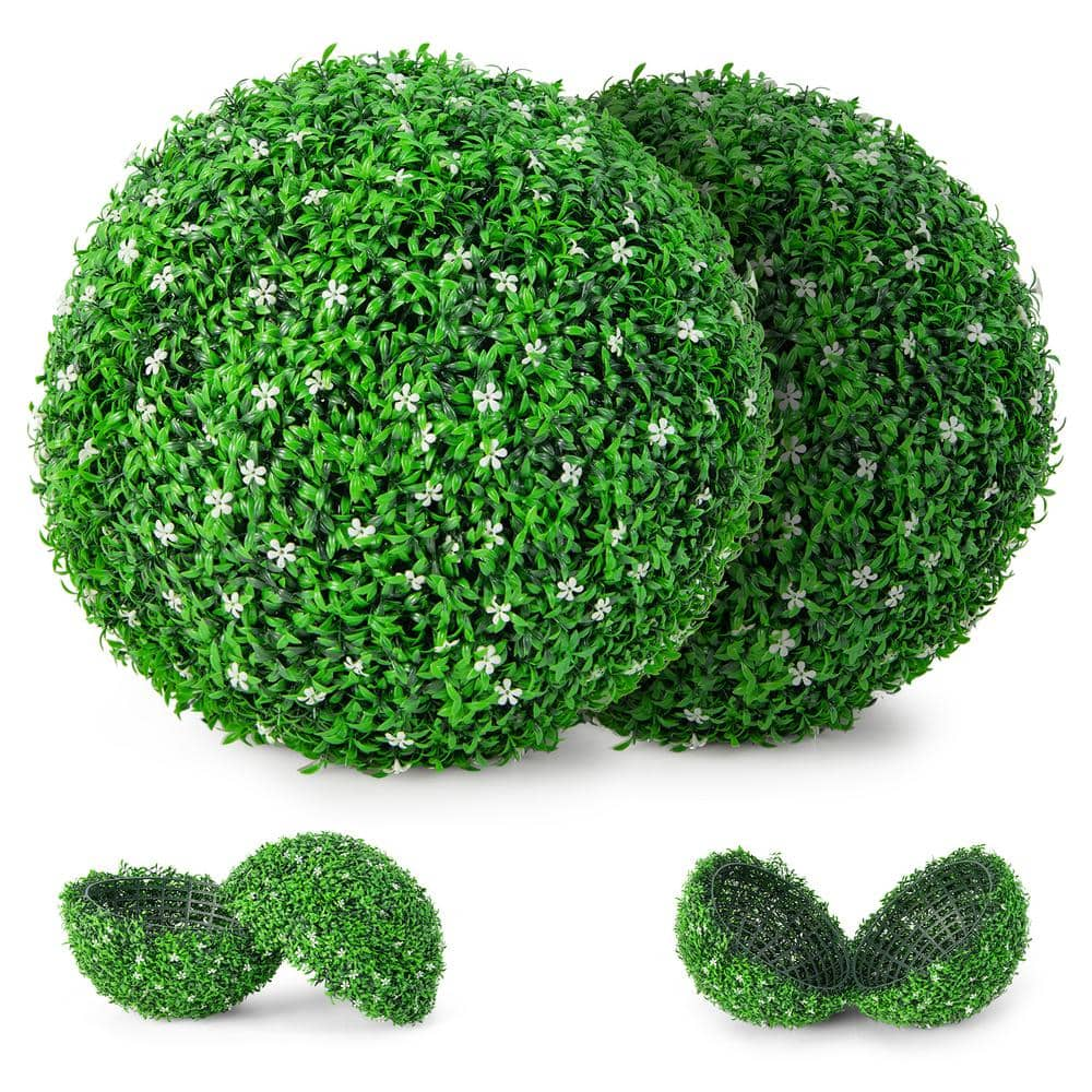 Indoor 15 in. Artificial Boxwood Topiary Ball Artificial Plant Ball with White Flower for Wedding Party Decoration