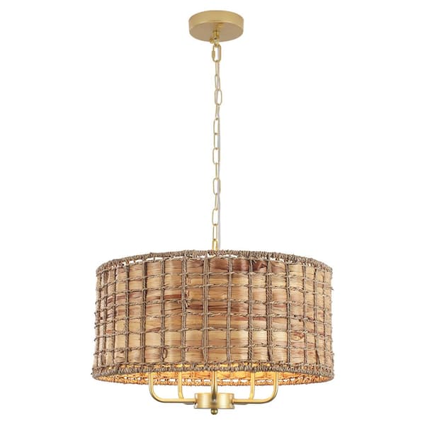 ADSENSTY 5 - Light Gold Drum Natural Rattan Seagrass Chandelier for Dining Room Kitchen Island Entryway with no Bulbs Included