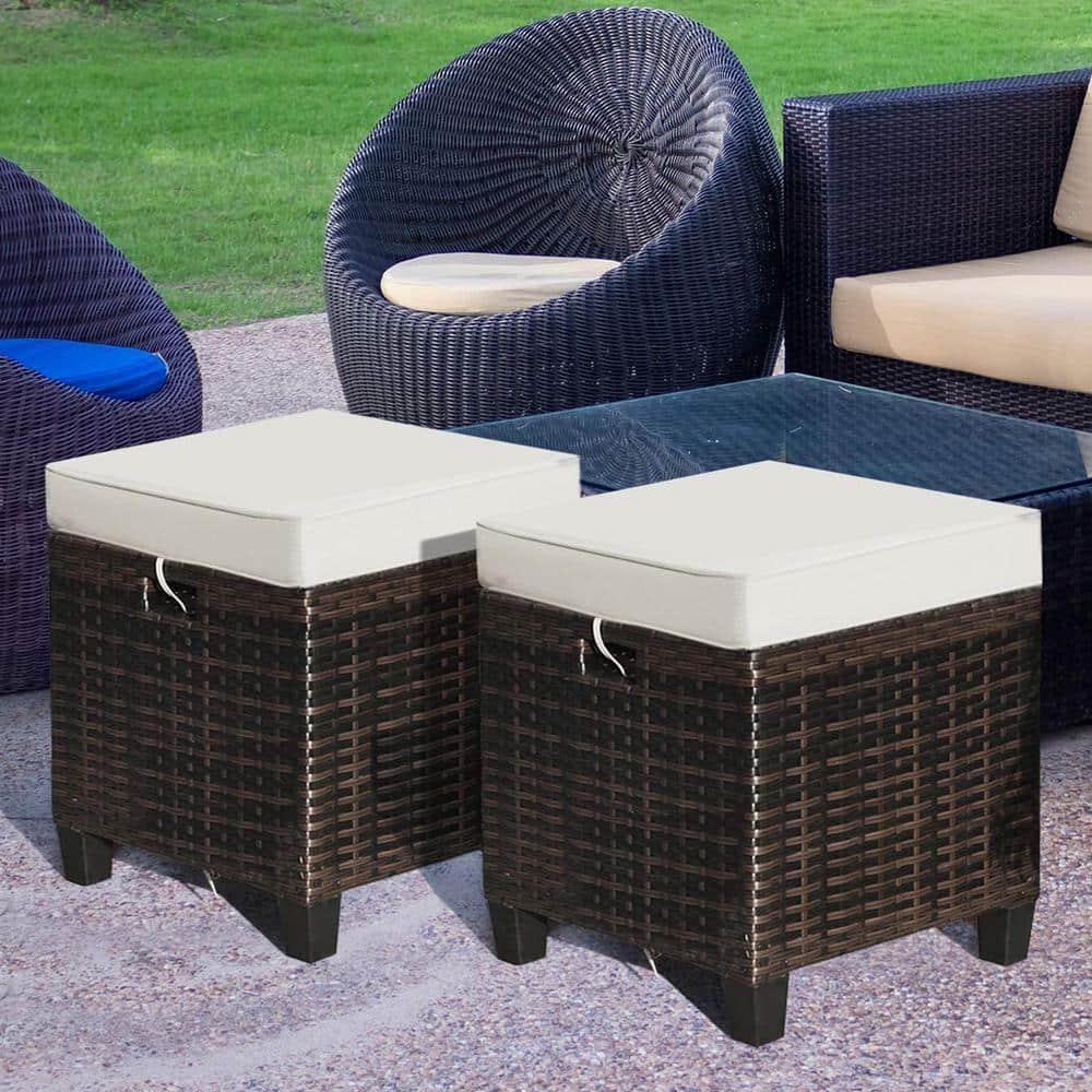 Mix Brown Wicker Outdoor Ottoman with Brown Cushion (2-Pack)