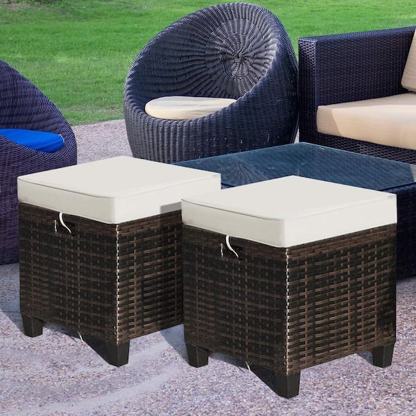Unbranded Mix Brown Wicker Outdoor Ottoman with Brown Cushion (2-Pack)