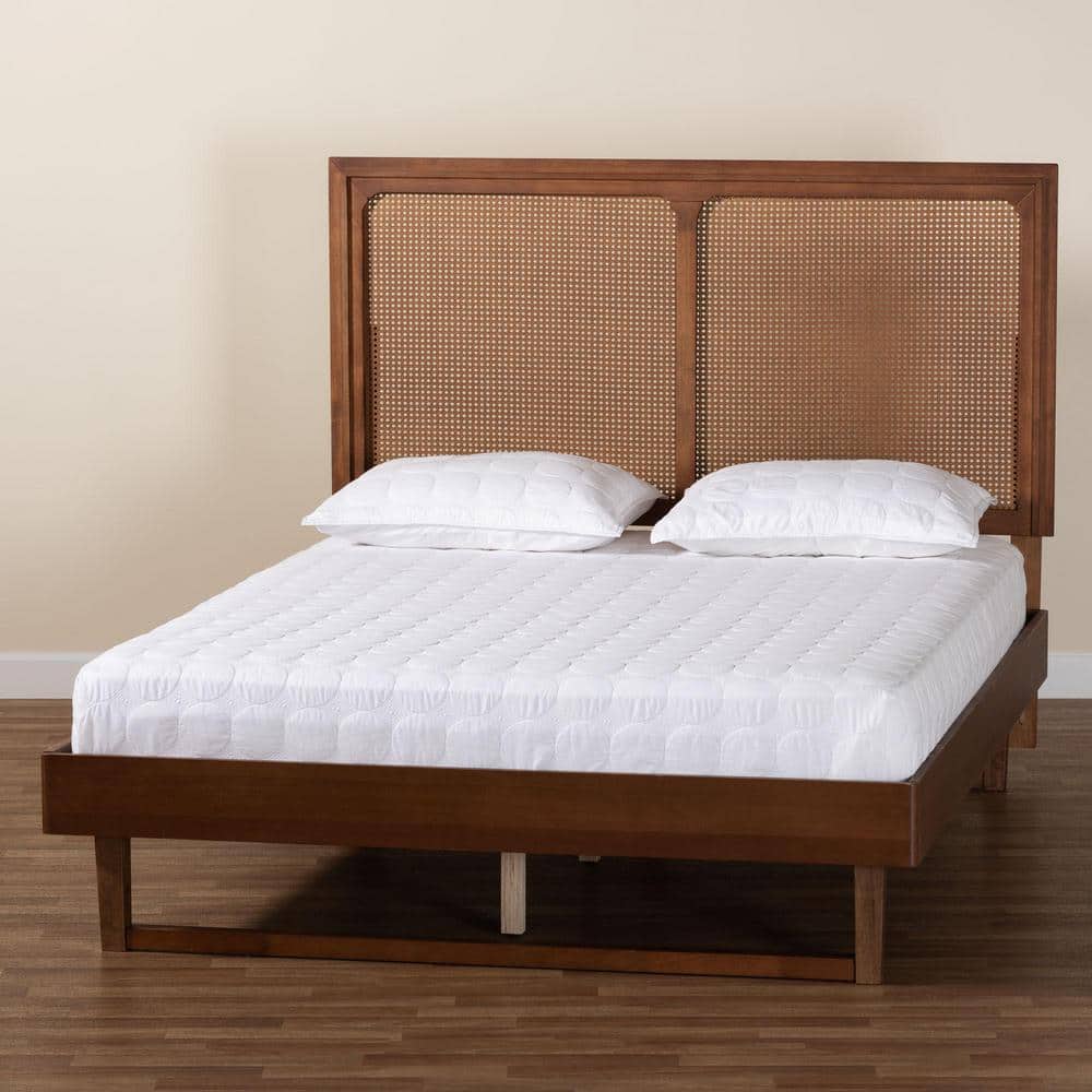 Walnut Brown Queen Wood Frame Upholstered Bed with Rattan Headboard