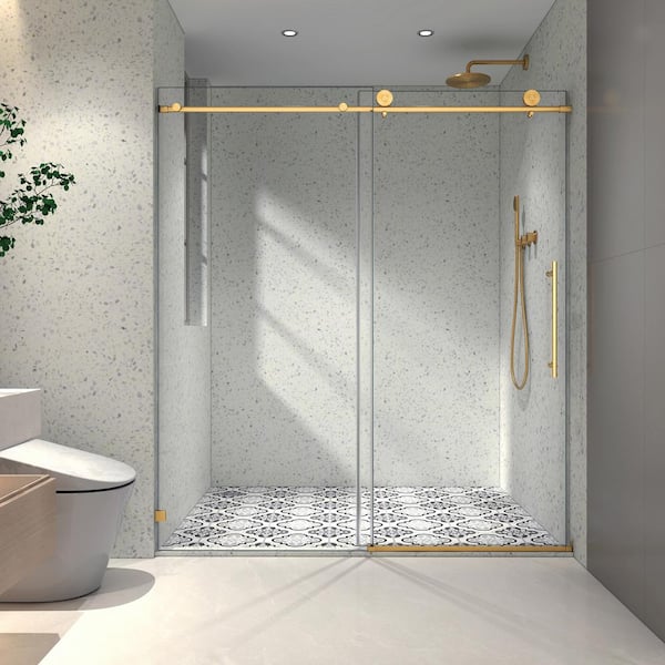 60 in. W x 76 in. H Sliding Frameless Shower Door in Brushed Gold Finish with Clear Glass