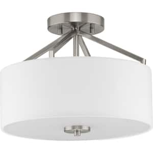 Goodwin 13 in. 2-Light Brushed Nickel Modern Farmhouse Semi-Flush Mount Convertible with White Linen Shade