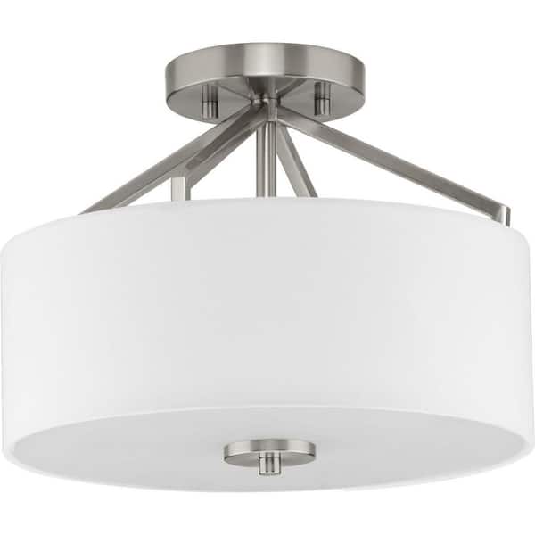 Progress Lighting Goodwin 13 in. 2-Light Brushed Nickel Modern Farmhouse Semi-Flush Mount Convertible with White Linen Shade