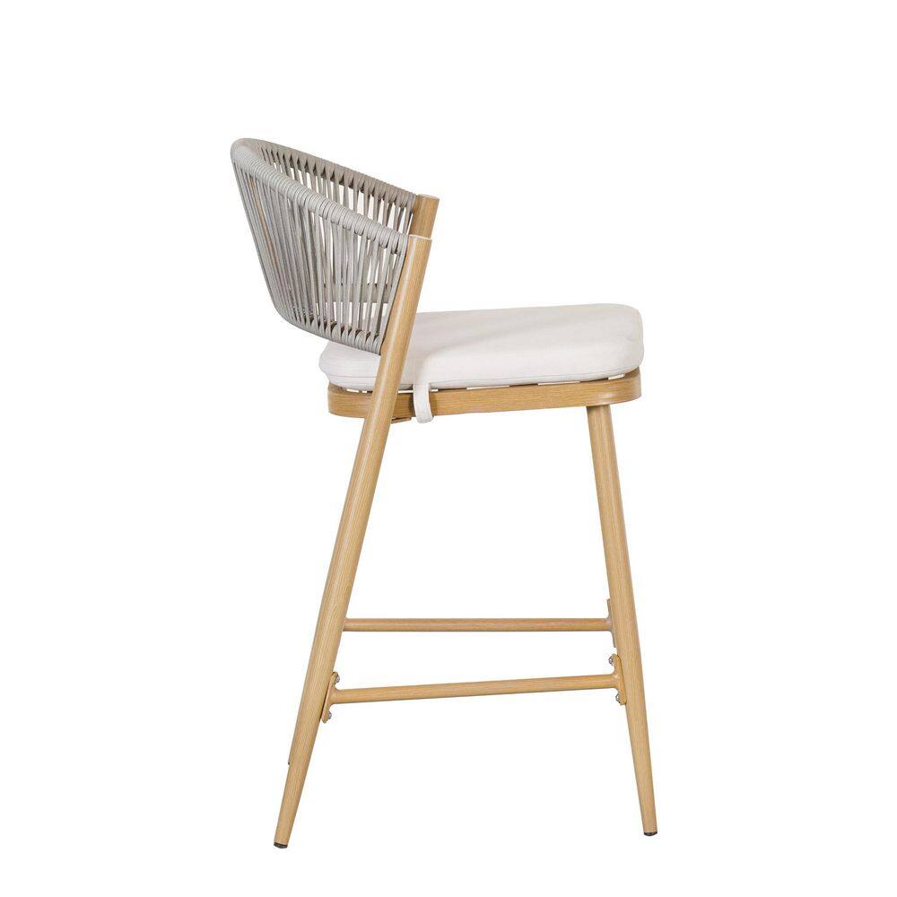 Maple Finish Aluminum and Rattan Outdoor Counter Stools with Cushions, Set of 2