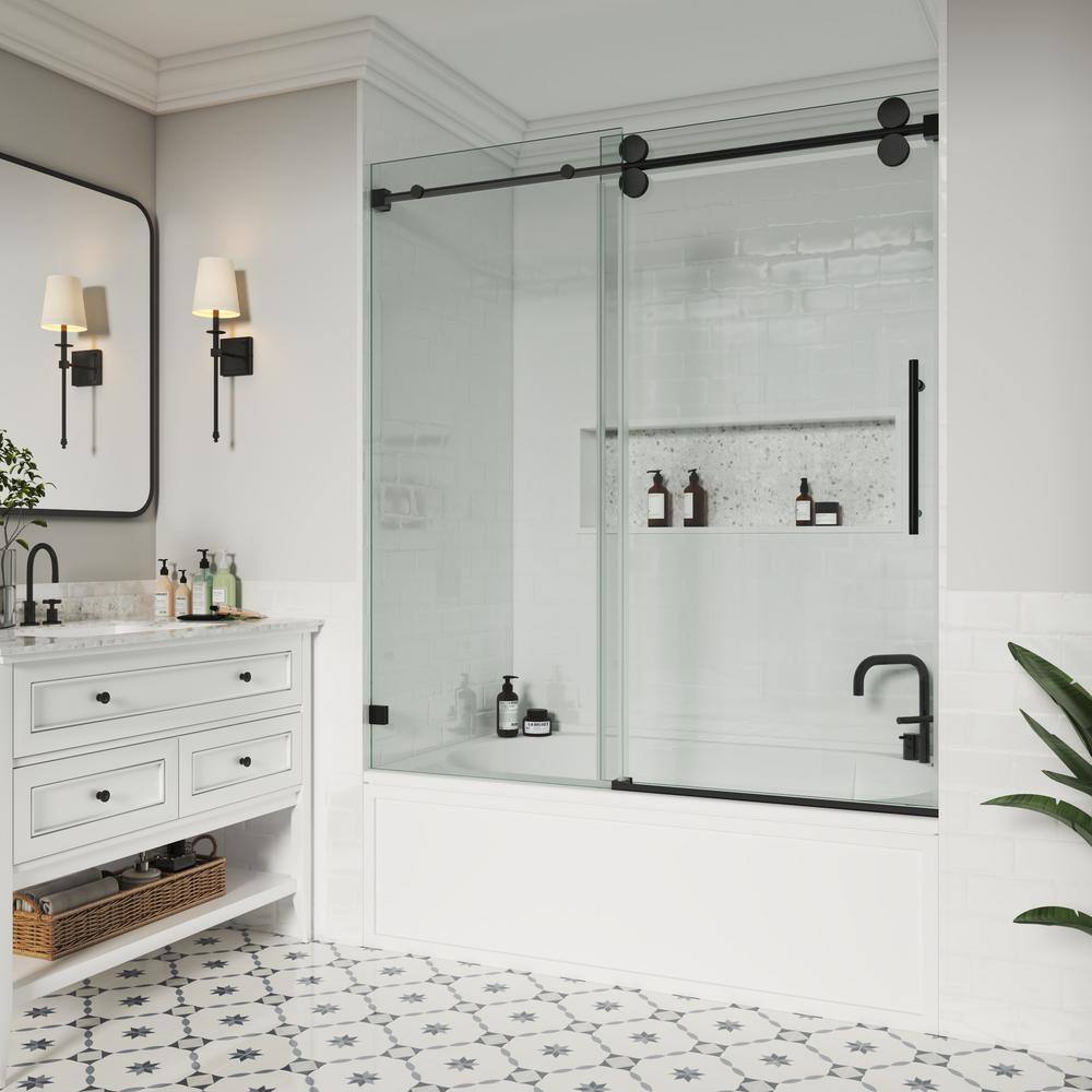 YINVANI 60 in. W x 66 in. H Single Sliding Frameless Bathroom Tub Door ...