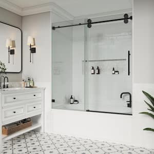 60 in. W x 66 in. H Single Sliding Frameless Bathroom Tub Door in Matte Black with Easy-Clean 3/8 in. Clear Glass