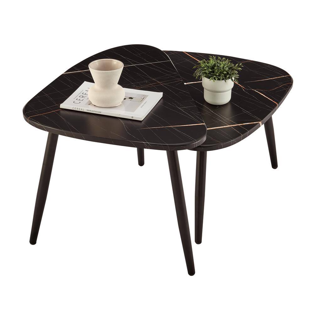 Aurora Black Marble and Metal Oval Semi-Nested Coffee Table Set