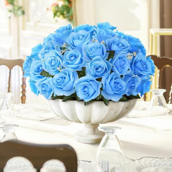 Rose216ライトブルーxs LIVING LUXURY 14 in. Blue Artificial Open Rose Flower Stem Bush