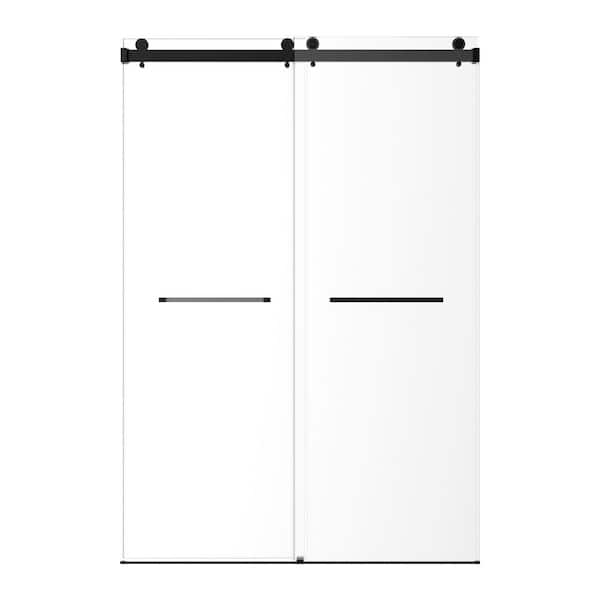 60 in. W x 78 in. H Double Sliding Frameless Shower Door in Matte Black with Explosion Proof Film Clear Glass