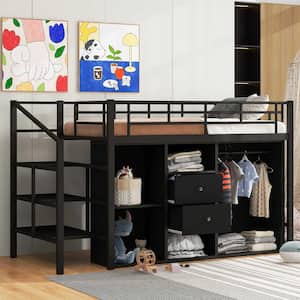 Black Twin Size Metal Loft Bed with Shelves, Open Wardrobe, 2-Drawers, Storage Staircase